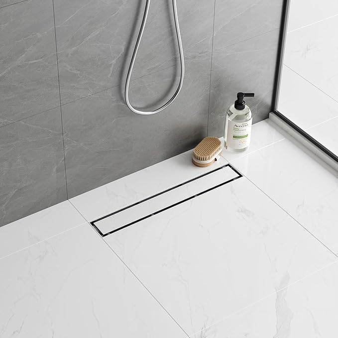 Neodrain 18-Inch Brushed Linear Shower Drain, 2-in-1 Flat & Tile Insert Cover, Stainless Steel Linear Drain, Brushed Rectangle Shower Floor Drain with Hair Strainer, Shower Drain Base