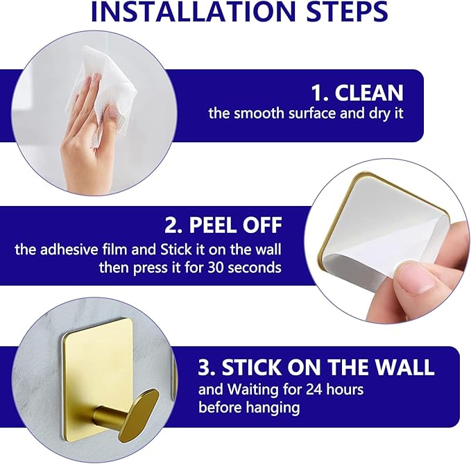 Gold Adhesive Hooks for Wall Hanging - Fit for Coat Door Towel Hooks for Bathrooms Decorative Kitchen Shower Glass Wall 304 Stainless Steel Robe &Towel Hooks Brushed Gold 4 Packs