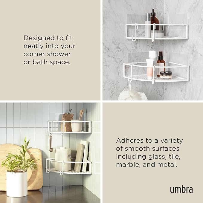 Umbra Cubiko Shower Corner Shelf, Metal Floating Shelves with Adhesive Mounting Strips, 2-Pack, White