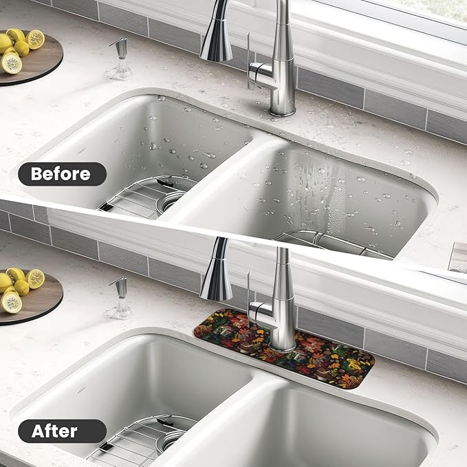 Mushroom Forest Butterfly Kitchen Sink Splash Guard Faucet Mat 1 Pcs, Absorbent Fast Drying Mat Gadgets Splash Guard For Bathroom 15 X 5.5 Inches