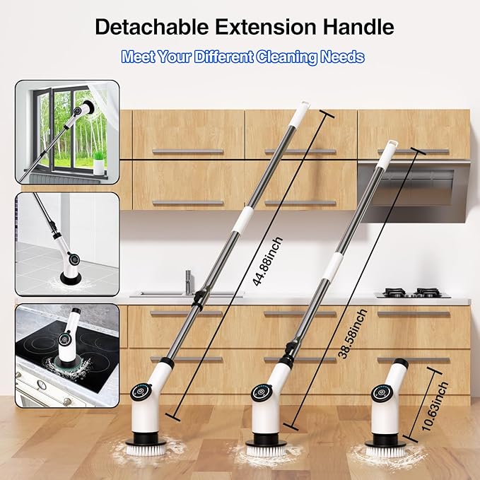 Electric Spin Scrubber, Cordless Cleaning Brush with 8 Replaceable Brush Heads and Adjustable Extension Handle, Power Scrubber Dual Speed Shower Scrubber for Tub, Tile, Floor, Bathroom, Kitchen, Car
