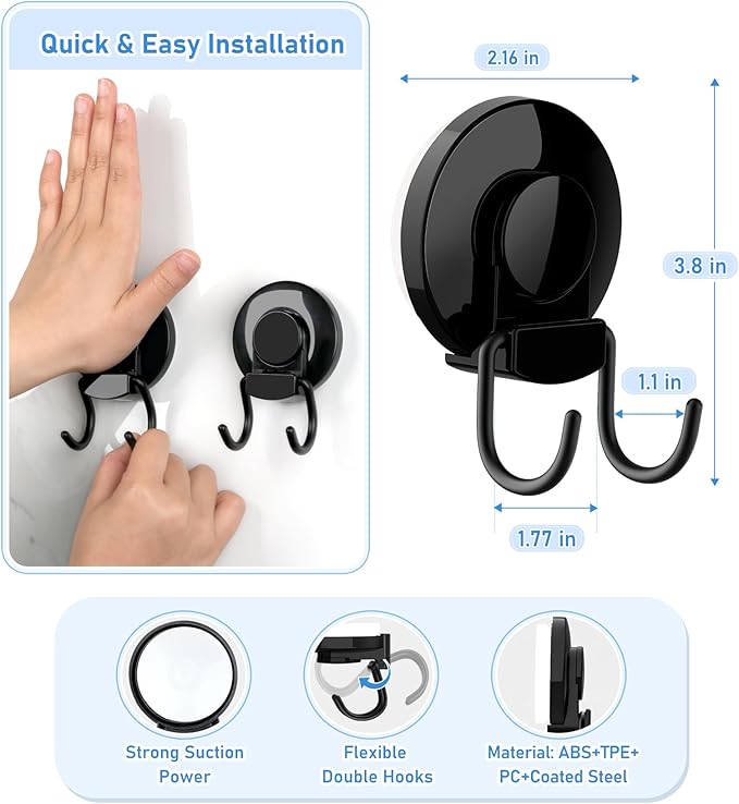 VIS'V Shower Suction Cup Hooks, Heavy Duty, Removable and Reusable, Double Hooks, Black, 2 Pcs