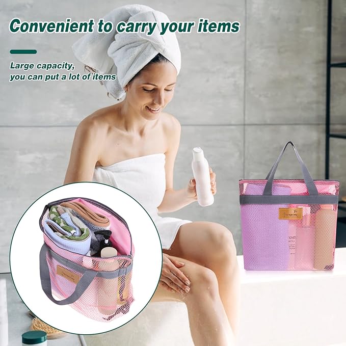 KALIONE Mesh Shower Caddy Bag, Portable Gym Shower Bag, Quick Dry Hanging Toiletry and Bath Organizer with Zipper for College Dorm, Gym, Yoga, Swimming Pool, Travel(Pink)