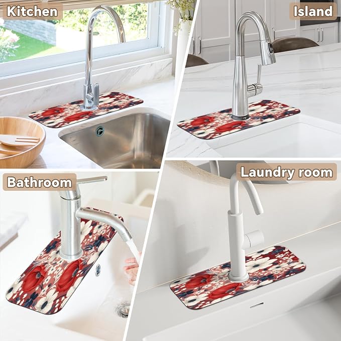 Red White Floral Bliss Kitchen Faucet Mat Splash Guard, 15.4”x5.7” Absorbent Quick Drying Sink Mat for Countertop Protection, Draining Mat Sink Protectors For Kitchen Bathroom, 1 Pack