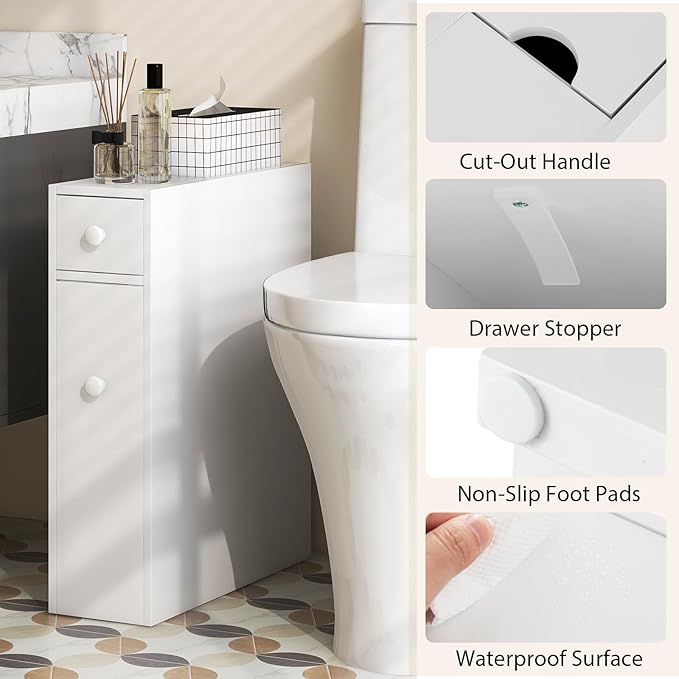 Tangkula Slim Storage Cabinet, Free Standing, with Slide Out Drawers, Narrow Floor Bathroom Organizer Next to Toilet, Toilet Paper Holder, 19 x 6.5 x 23 Inches (White)