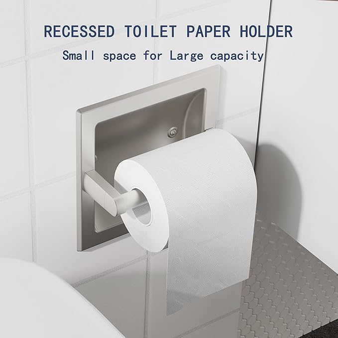 Brushed Nickel Recessed Toilet Paper Holder,Pivoting Toilet Tissue Holder,Made of SUS304 Stainless Steel, in Wall Toilet Paper Holder with Bracket
