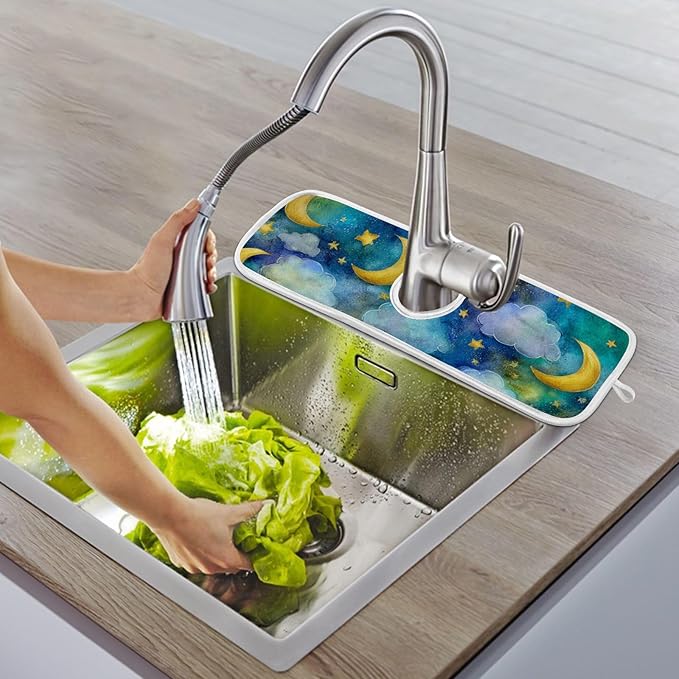 Sink Faucet Absorbing Mat Kitchen Sink Splash Guard Splash Faucet Drip Catcher for Bar RV Bathroom 2PCS 30x5.5in Watercolor Moon Star Green