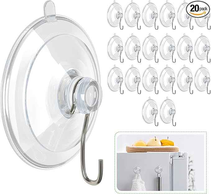 Hangerspace Suction Cup Hooks, 1.77 Inches Clear PVC Window Suction Cups with Hooks Removable Small Suction Cups for Shower Bathroom Kitchen Wall Window Glass Door 20 Pack