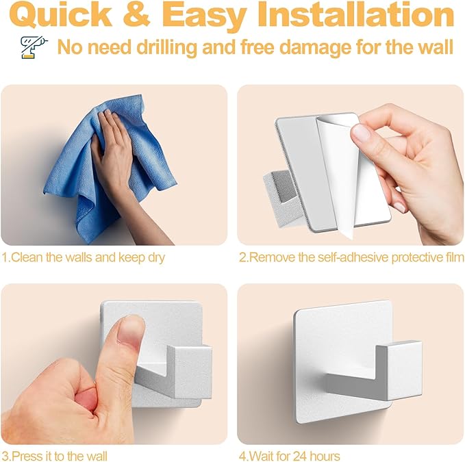 PMMASTO Adhesive Hooks Towel Hooks - 2 Pack Aluminum Wall Hooks Towel Hanger Shower Hook for Bathroom, Bedroom and Kitchen-Silver