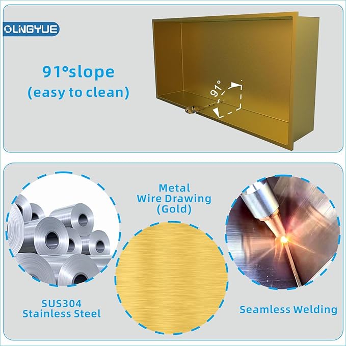 Shower Niche No Tile Needed: Stainless Steel Double Layer - 12"x24" Recessed Wall Niches Shelves for Bathroom Kitchen Toilet Storage - Brushed Gold
