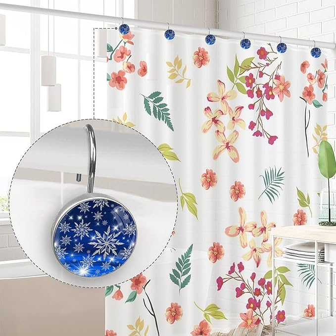 Christmas Snowflake Shower Curtain Hooks 12 Pcs, Rust Proof Glass Surface Stainless Steel Curtain Rings for Bathroom Bedroom Living Room Kitchen Home Shower Rods Decor