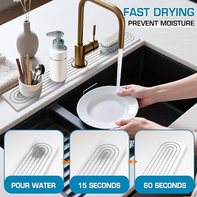 White 23.6" Rectangle Diatomite Stone Faucet Mat for Kitchen Sink-Absorbent Fast Drying Splash Guard&Countertop Protector Durable Kitchen Bathroom Sink Mat Stone Faucet Tray for Water Catching