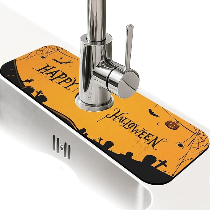 Faucet Draining Mat For Kitchen Sink, Halloween Bats Spider Webs Diatom Mud Absorbent Drain Pad For Bathroom Kitchen Sink Splash Guard Drying Mat