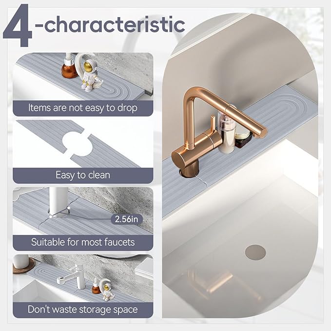 Absorbent faucet mat for Kitchen Sink - Water Absorbing Stone Tray for Sink, Diatomite Fast-Drying Faucet Mat,Faucet Splash Guard for Kitchen,Bathroom Sink (Light gray, 23.6" x 3.9")