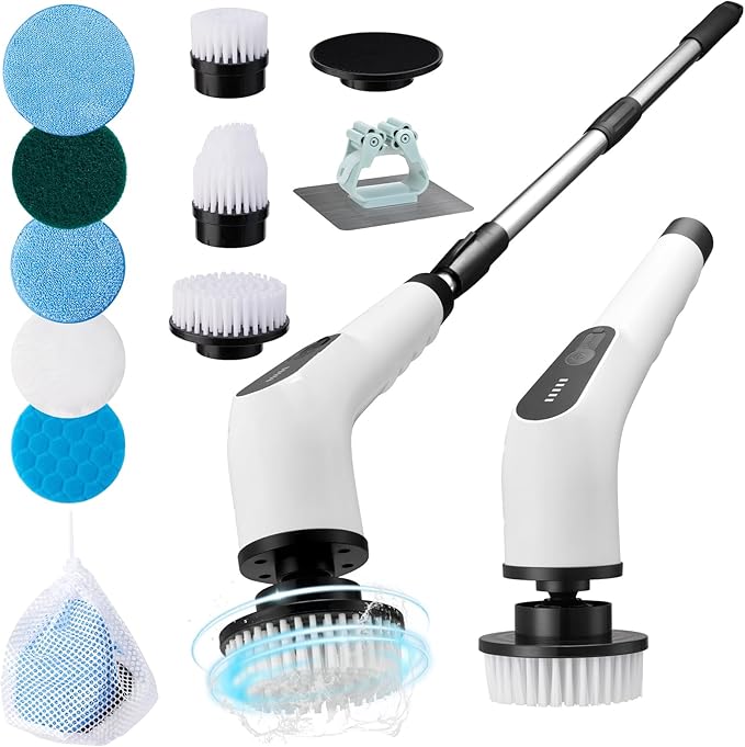 Electric Cordless Spin Scrubber – 2-Speed High-Efficiency Adjustable Portable Cleaning Brush for Home, 8 Replaceable Brush Heads for 360° Powerful Cleaning in Bathroom, Kitchen, Car(Pure White)