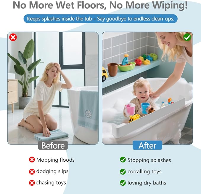 2.6-Ft Bathtub Splash Guard for Tub Kids, Silicone Splash Shield with 11 Suction Cups, Toy Tray Shelf, No Spill Water Barrier, Prevents Mess, Fun Bathtime for Toddlers Baby–Gray
