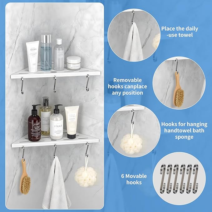 2 Pack Corner Shower Shelf,304 Stainless Steel Bathroom Shelves Add 6 Hooks 40 lbs Heavy Duty Capacity Durable Shower Shelf for Inside Shower Drilling Installation (White)