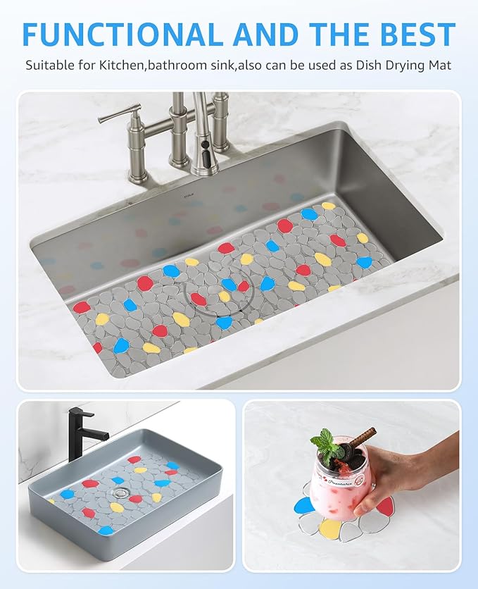 Bligli PVC Sink Mat, Pebble Design 2 Pack Sink Protector Mats for Bottom of Kitchen Sink, Dish Drying Mat for Dishes and Glassware, 15.7 x 11.8 inches, Handpainted-Clear