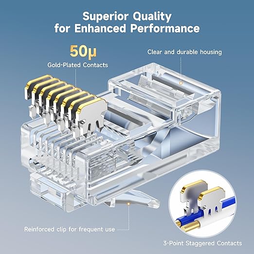 Cable Matters 50-Pack Cat 6 Pass Through RJ45 Connectors, 50µ Gold Plated (Cat 6 Ends / Cat6 Connector /RJ45 Modular Plugs/Ethernet Plugs/Network Connector) for Solid or Stranded UTP Ethernet Cable