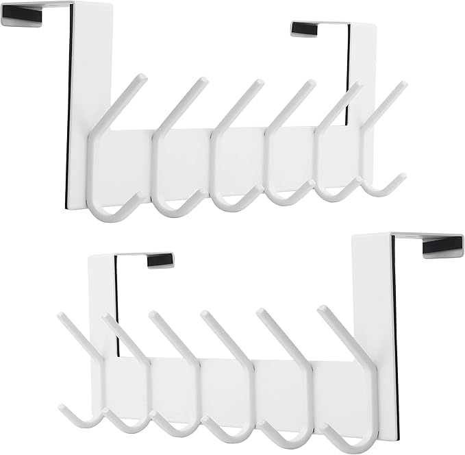 Dseap Over The Door Hook Hanger - 6 Hooks Over Door Coat Rack for Hanging Clothes Hat Towel,White, 2 Packs