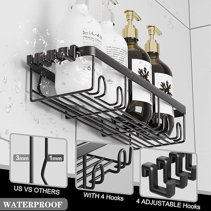 Shower Caddy, Bathroom Organizers, Black Shower Shelves for Inside with Soap Caddy & Toothbrush Holder, Stainless Steel Wall Rack Baskets Adhesives Mounted(5 PCS)
