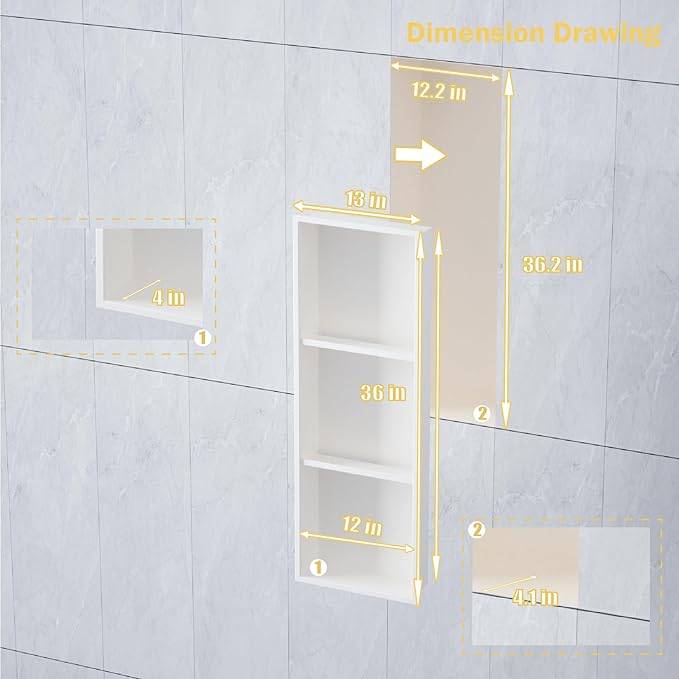 Stainless Steel Recessed Shower Caddy ，Organizer Storage for Room,Bathroom Insert Shelf with Three-Tier Shelves，Matte White （ 36" X 12"）