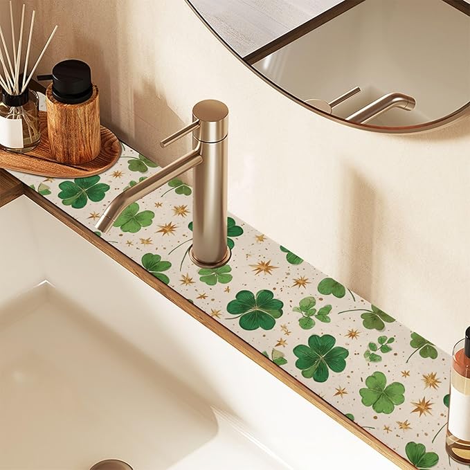 Kitchen Sink Splash Guard 2 PCS 14.7 Inch Sink Faucet Mat Splash Guard for Bathroom Countertop Water Absorbent Foldable Cuttable Soft Washable Green Clovers and Gold Stars