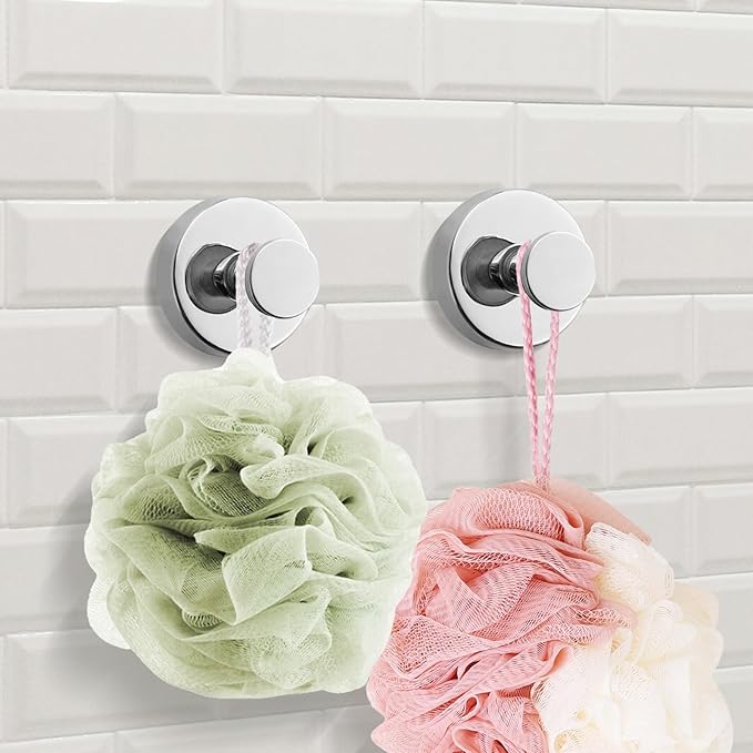 2 PCS Suction Cup Hooks for Shower, Bathroom Stainless Steel Mounting on Glass Doors, Tile, Mirrors (Silver)