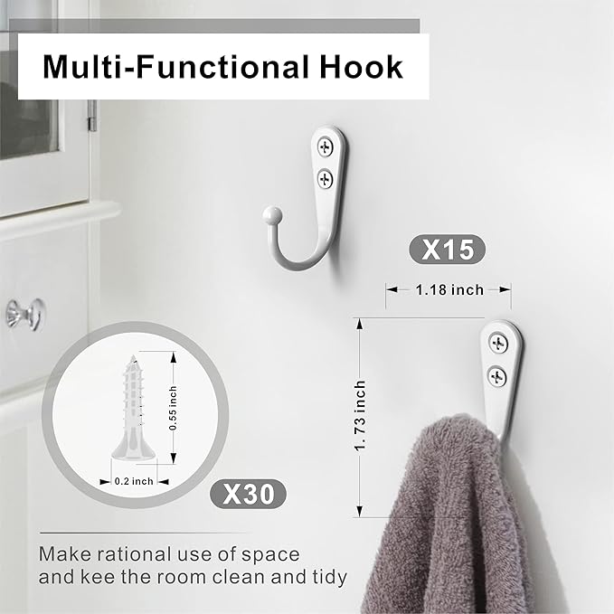 15 Pack Heavy Duty Coat Hooks Wall Mount, with 30 Mounting Screws, White Multi-Purpose Storage for Robe, Towel, Key, Bag, Coffee Mug