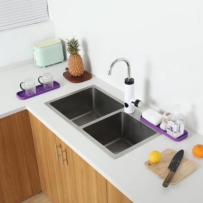 Silicone Kitchen Sink Organizer Tray for Multiple Usage,Eco-Friendly Sponges Holder for Kitchen Bathroom Counter or Sink,Dish Soap Dispenser,Scrubber,Bottle,Cup (Purple, 12"×4")