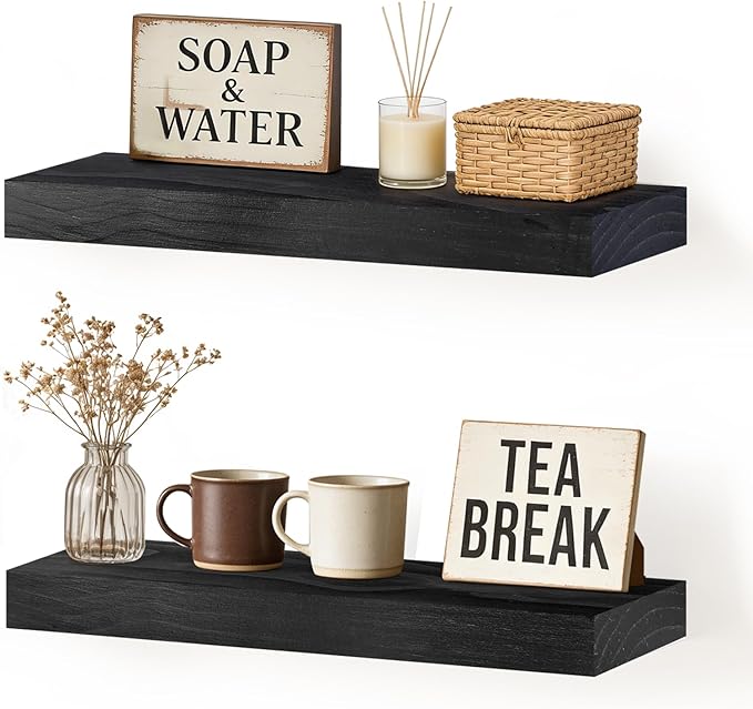 Floating Wall Shelf 16x6.8x1.7 Inch – Solid Wood Shelf in Black Finish – Wall Mounted Rustic Display Organizer for Bathroom, Kitchen, Bedroom, Small Spaces – Set of 2