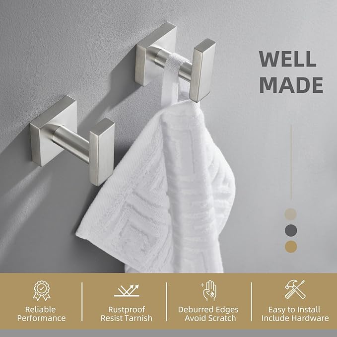Angle Simple Towel Hooks for Bathroom, SUS304 Stainless Steel Robe Coat Hook Wall Mount, Brushed Nickel, 4 Pack