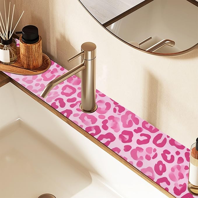 Kitchen Sink Splash Guard 1 PC 14.7 Inch Sink Faucet Mat Splash Guard for Bathroom Countertop Water Absorbent Foldable Cuttable Soft Washable Gradient Pink Leopard Print