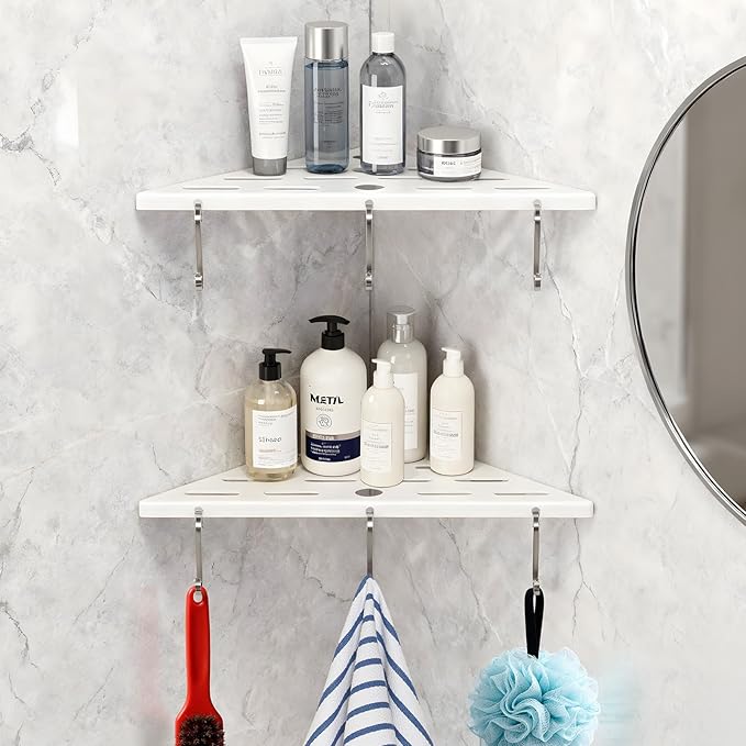 2 Pack Corner Shower Shelf,304 Stainless Steel Bathroom Shelves Add 6 Hooks 40 lbs Heavy Duty Capacity Durable Shower Shelf for Inside Shower Drilling Installation (White)