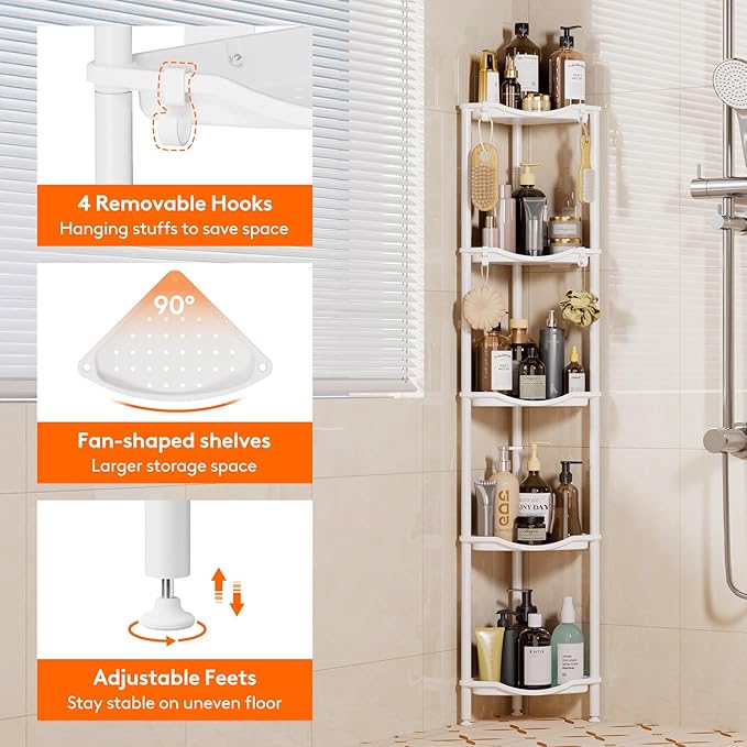 Lifewit Floor Standing Shower Caddy Corner, 5 Tier Plastic Shower Stand Rack with Adjustable Feet and Hooks, Rustproof Bathroom Shelf Organizer, White，34 x 24 x 139 cm/13 x 9.5 x 55 inch
