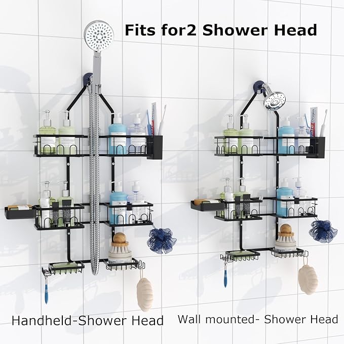 Shower Caddy Hanging Upgraded Adjustable Rustproof Shower Caddy Shower Organizer for Over Handheld or Fixed Shower Heads with Hooks Soap Holder Toothbrush Holder