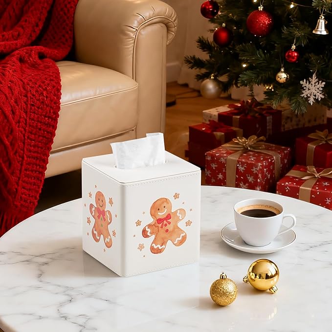 PU Leather Tissue Box Cover Square Tissue Box Holder with Magnetic Closure, Decorative Tissue Holder for Bathroom Bedroom Office (Gingerbread Man)