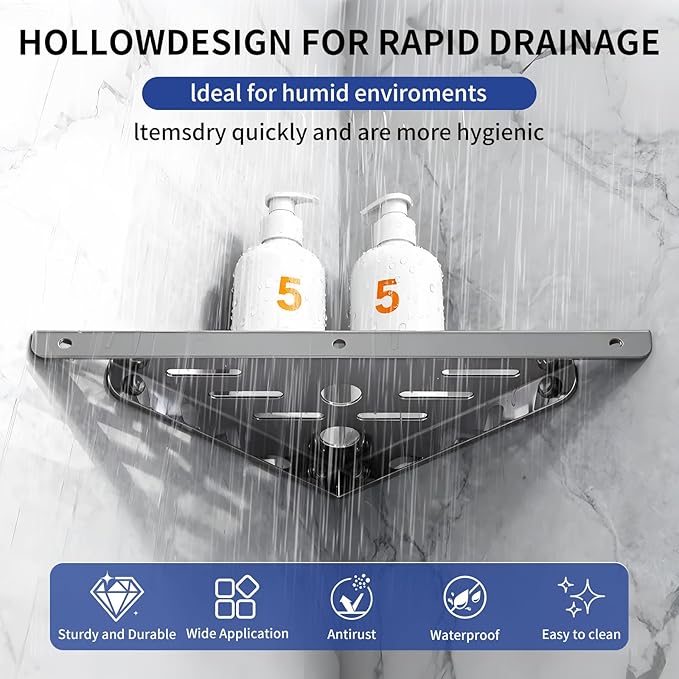 3 Pack Corner Shower Shelf,10" 304 Stainless Steel Bathroom Shelves Add 6 Hooks 40 lbs Heavy Duty Capacity Durable Shower Shelf for Inside Shower Drilling Installation (Silver)