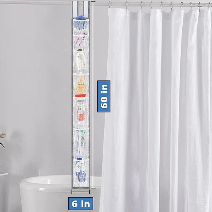 Skywin TidyFriend Shower Liner With Pockets -57 x 6 Inches, Hanging Mesh Shower Caddy with 7 Pockets, 100% Polyester Mesh Fabric, Adjustable Velcro Strap or Hook
