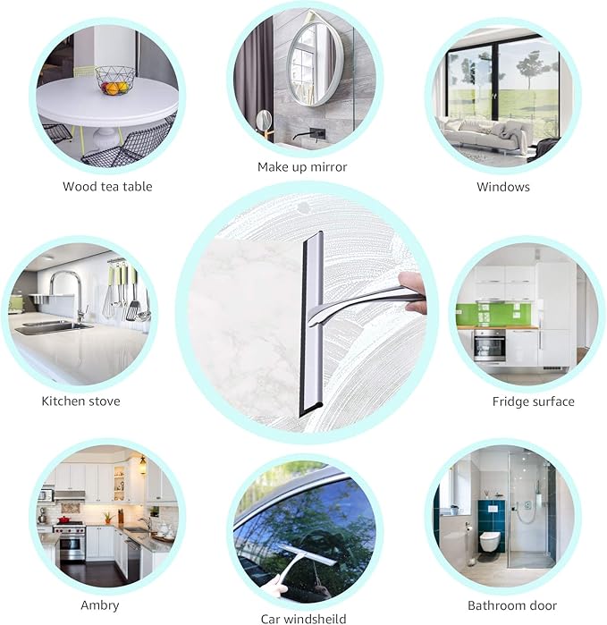12 Inch Shower Squeegee for Shower Doors, All-Purpose Window Squeegee for Bathroom, Mirrors, Tiles and Car Windows with 2 Hooks