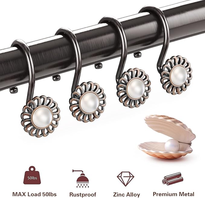 Oil Rubbed Bronze Shower Curtain Hooks, Decorative Sunflower Shower Curtain Rings for Bathroom Shower Curtain Rods and Liner,Metal Shower Hooks, Floral Pearl Shower Rings for Curtain Set of 12