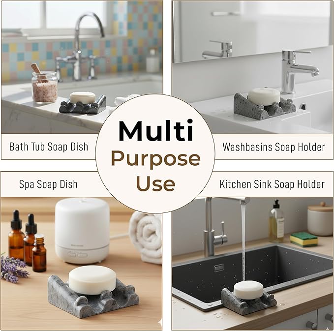 DOXOLOGY Gray Stone Marble Soap Dish Bathroom Organizer - Resin Soap Dish with Rectangular Design 3.7" L x 2.8" W - Self Draining Soap Dishes Keeps Countertop Neat - Marble Look Soap Tray for Sink