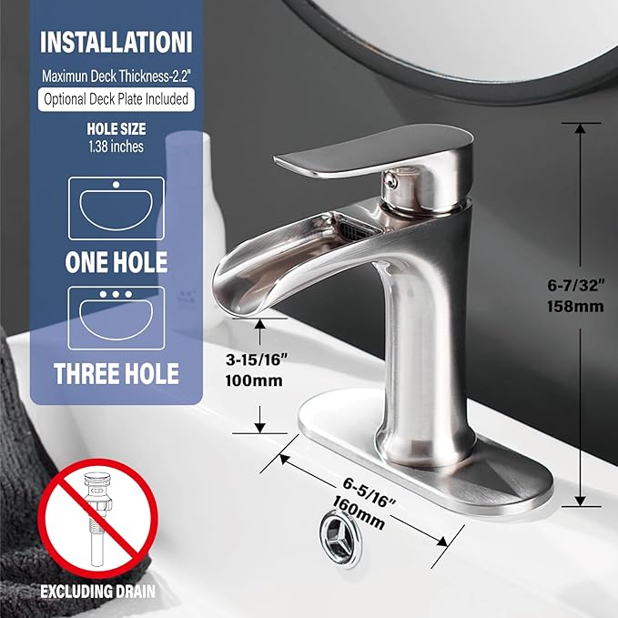 Yundoom Brushed Nickel Bathroom Faucet,Bathroom Sink Faucet,Waterfall Bathroom Faucet,Single Hole Or 3 Hole Bathroom Faucet with 4 Inch Deck Plate,Farmhouse Rv Brass Bathroom Faucet,BF01