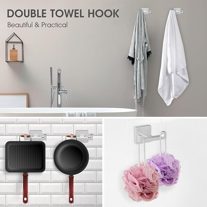 BOZWELL 1 Double Towel Hook and 2 Towel Hooks for Bathroom Bushed Nickel Wall Mount，Stainless Steel Heavy Duty Door Hanger for Bathroom Bedroom Kitchen Hotel Pool 1502-NL-3
