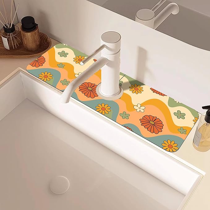 70s Groovy Flowers Sink Faucet Absorbing Mat Retro Waveas Splash Guard Behind Faucet Sink Mat Absorbent Fast Drying Faucet Draining Mat for Bathroom Kitchen 5.5"×15"