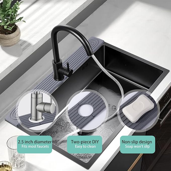 23.6 Inch Dark Gray Diatomite Faucet Mat, Super Absorbent Stone Tray Fast-Drying Sink Mat, Quick Dry Kitchen Splash Guard for Kitchen Sink/Bathroom Counter