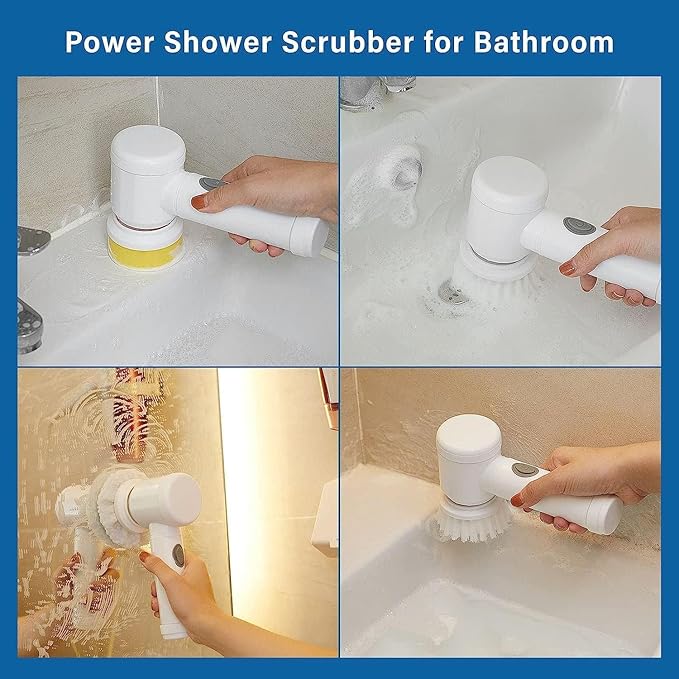 Multi-Functional Electric Cleaning Brush 5 in 1 Magic Power Scrubber Household Cleaning Tools Spin Scrubber with Buffer Polisher, for Bathroom, Shower, Tub, Kitchen Floor, Standard