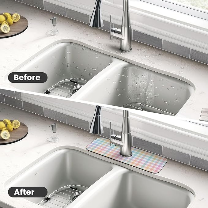 Happy Easter Colorful Buffalo Plaid Kitchen Sink Splash Guard Faucet Mat 1 Pcs, Absorbent Fast Drying Mat Gadgets Splash Guard For Bathroom 15 X 5.5 Inches