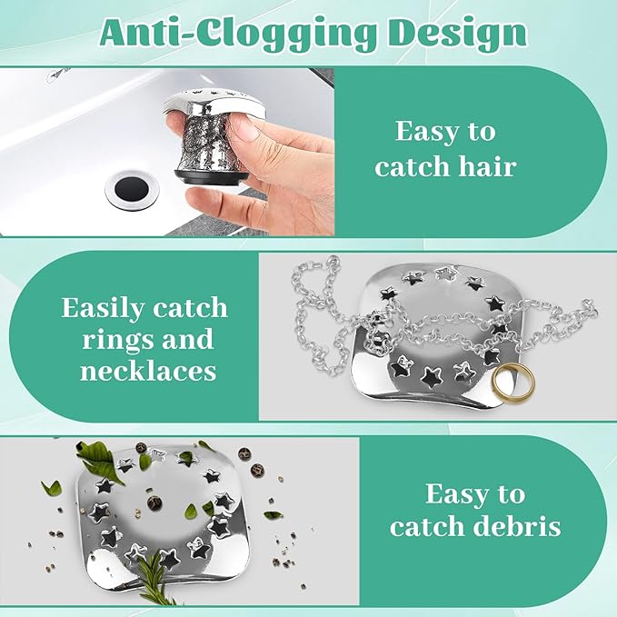 Bathtub Drain Hair Catcher Push Stopper,Stainless Steel Tub Drain Protector,Suitable for US Standard 1in-1.5in Diameter of Drain Hole (Silver)