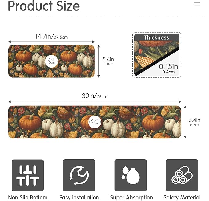 Vintage Pumpkin Flower Mapkle Leaves Fall Kitchen Sink Splash Guard Sink Faucet Mat Faucet Handle Drip Catcher Drain Mats for Kitchen Bathroom Countertop Absorbent Dish Drying Pad 2P